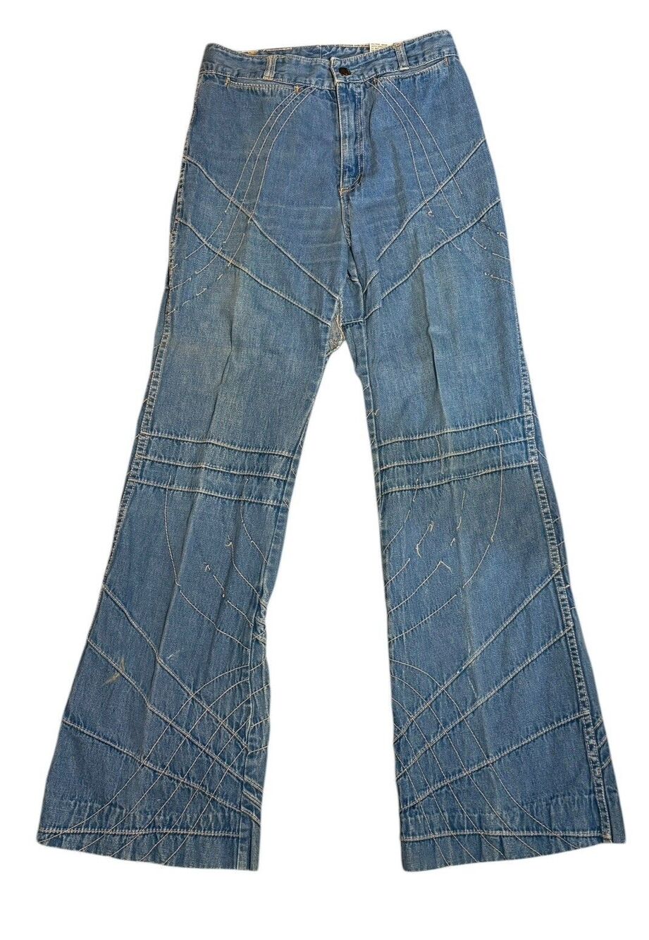 Vintage 1970s Galmin Blue Jeans Pink Stitch  Flare Denim High Rise Sz 11 FLAW